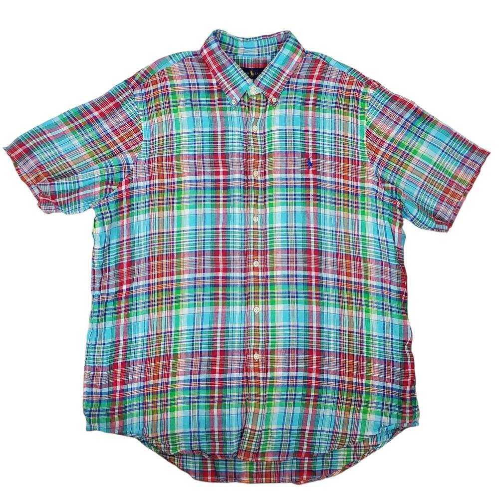 Ralph Lauren 100% Linen Shirt Mens XL Plaid Short Sleeve Button Down Multi Color - Picture 2 of 11